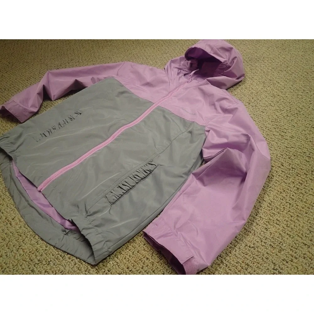 Eddie Bauer Windbreaker Jacket Girls 10/12 Purple Grey Excellent Colorblock Hood